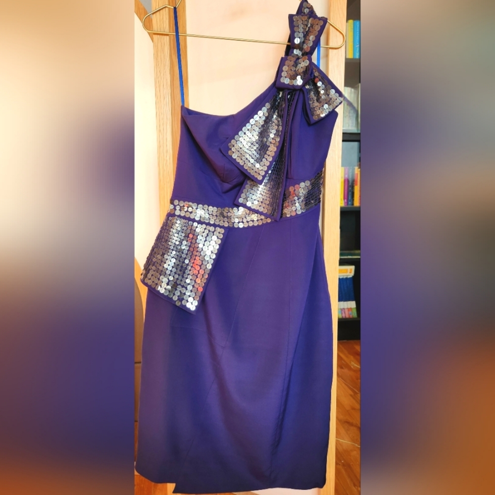 Karen Millen Asemetrical 1 Shoulder Purple Dress W/Bow+Sequin Details Silk US8